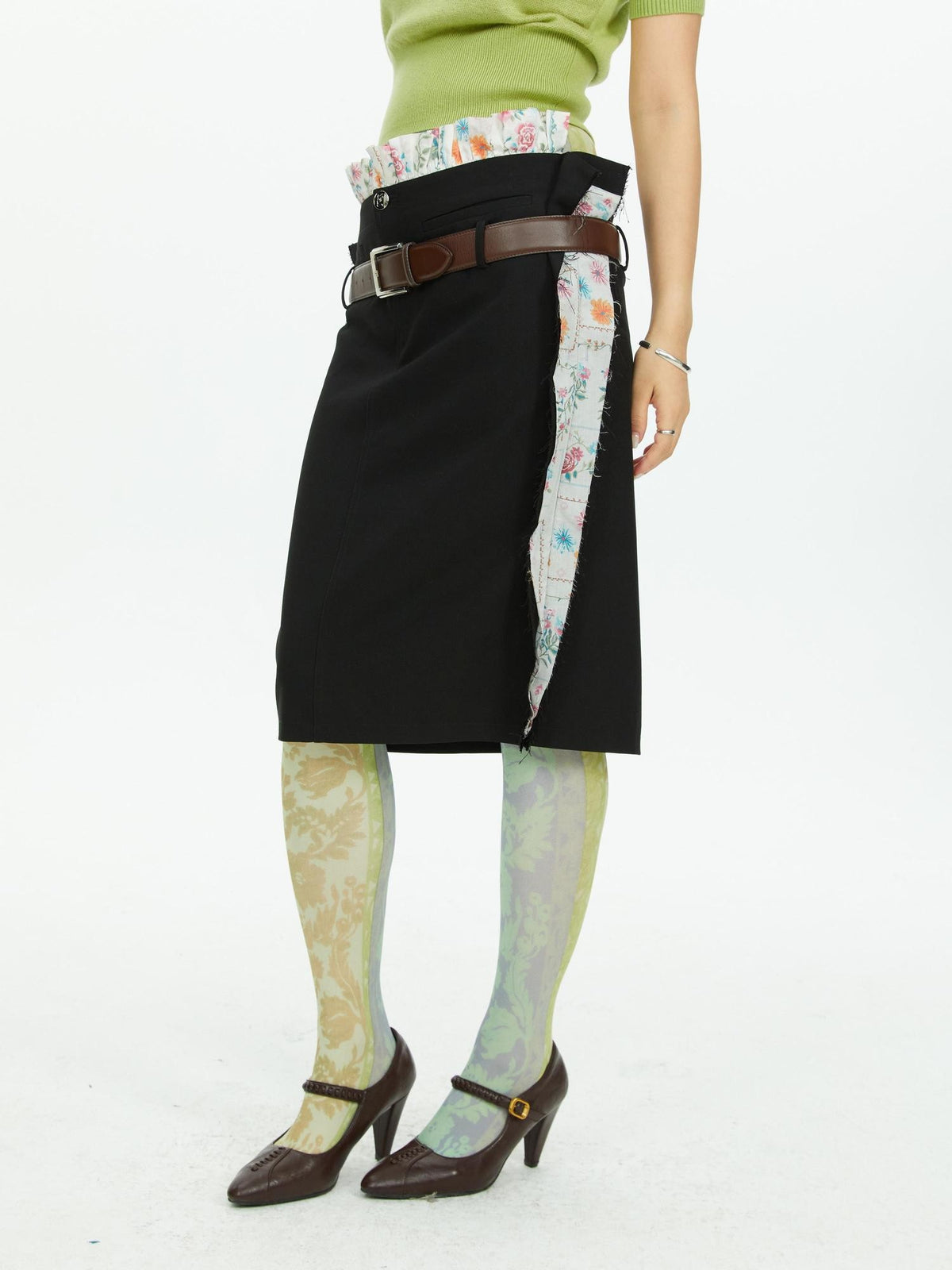 YOSHUYUKI Black Straight Ruffle Trim Floral Patchwork Reversible Women&