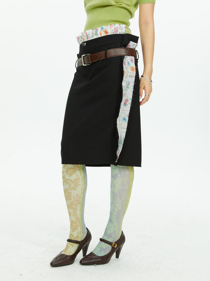 YOSHUYUKI Black Straight Ruffle Trim Floral Patchwork Reversible Women&