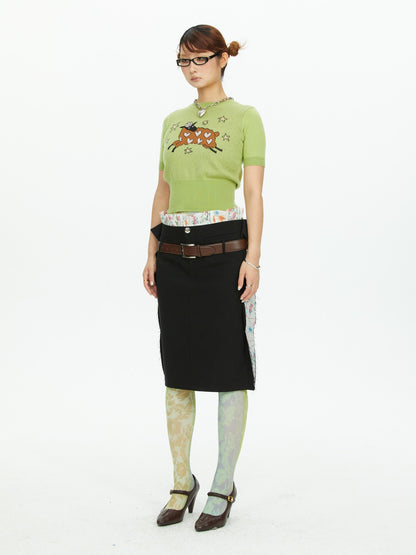 YOSHUYUKI Black Straight Ruffle Trim Floral Patchwork Reversible Women&