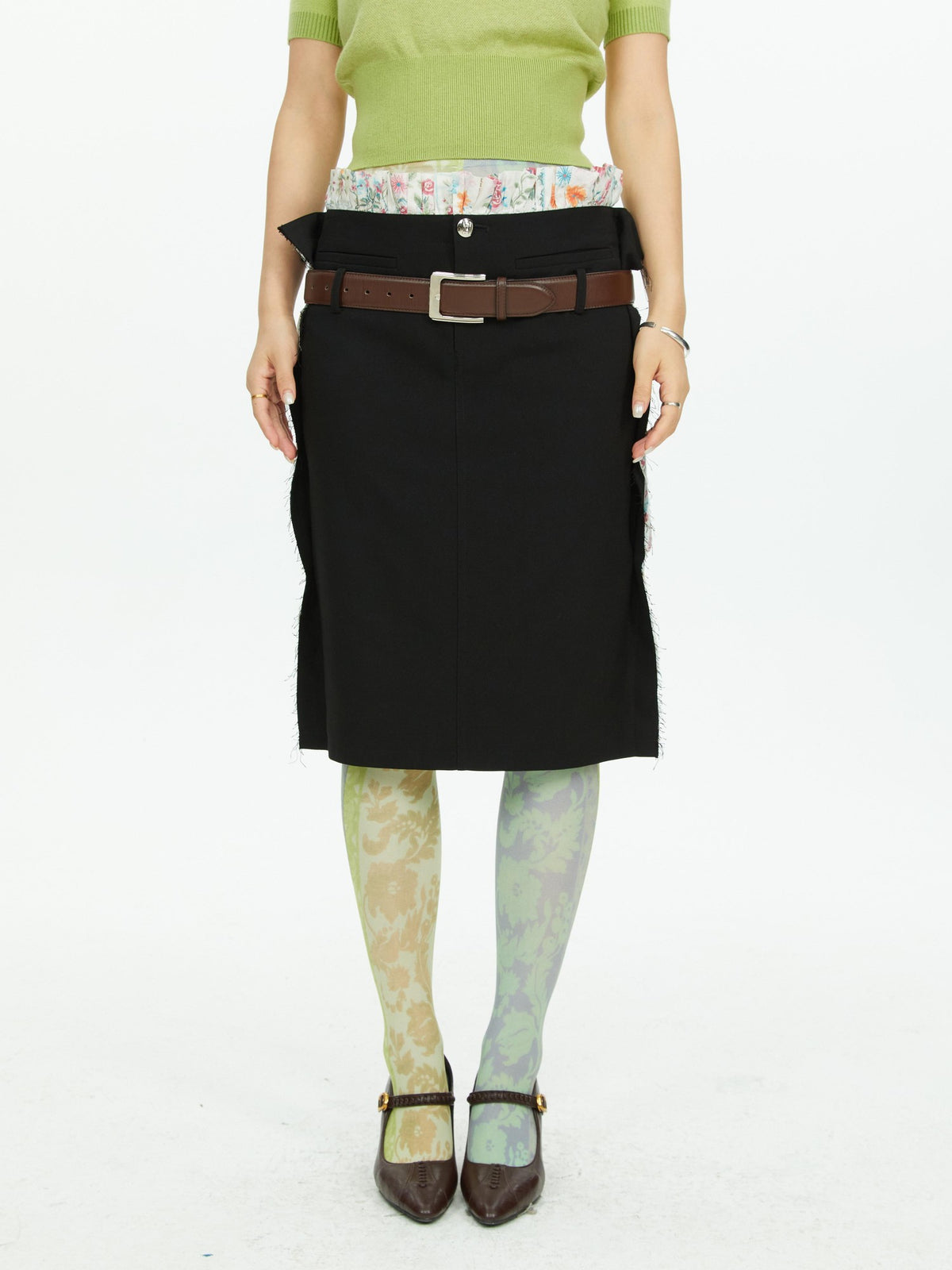 YOSHUYUKI Black Straight Ruffle Trim Floral Patchwork Reversible Women&