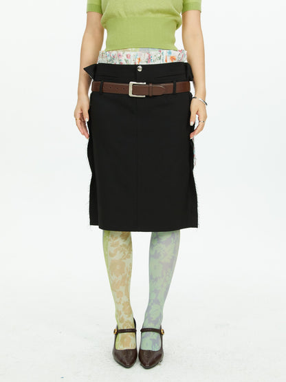 YOSHUYUKI Black Straight Ruffle Trim Floral Patchwork Reversible Women&
