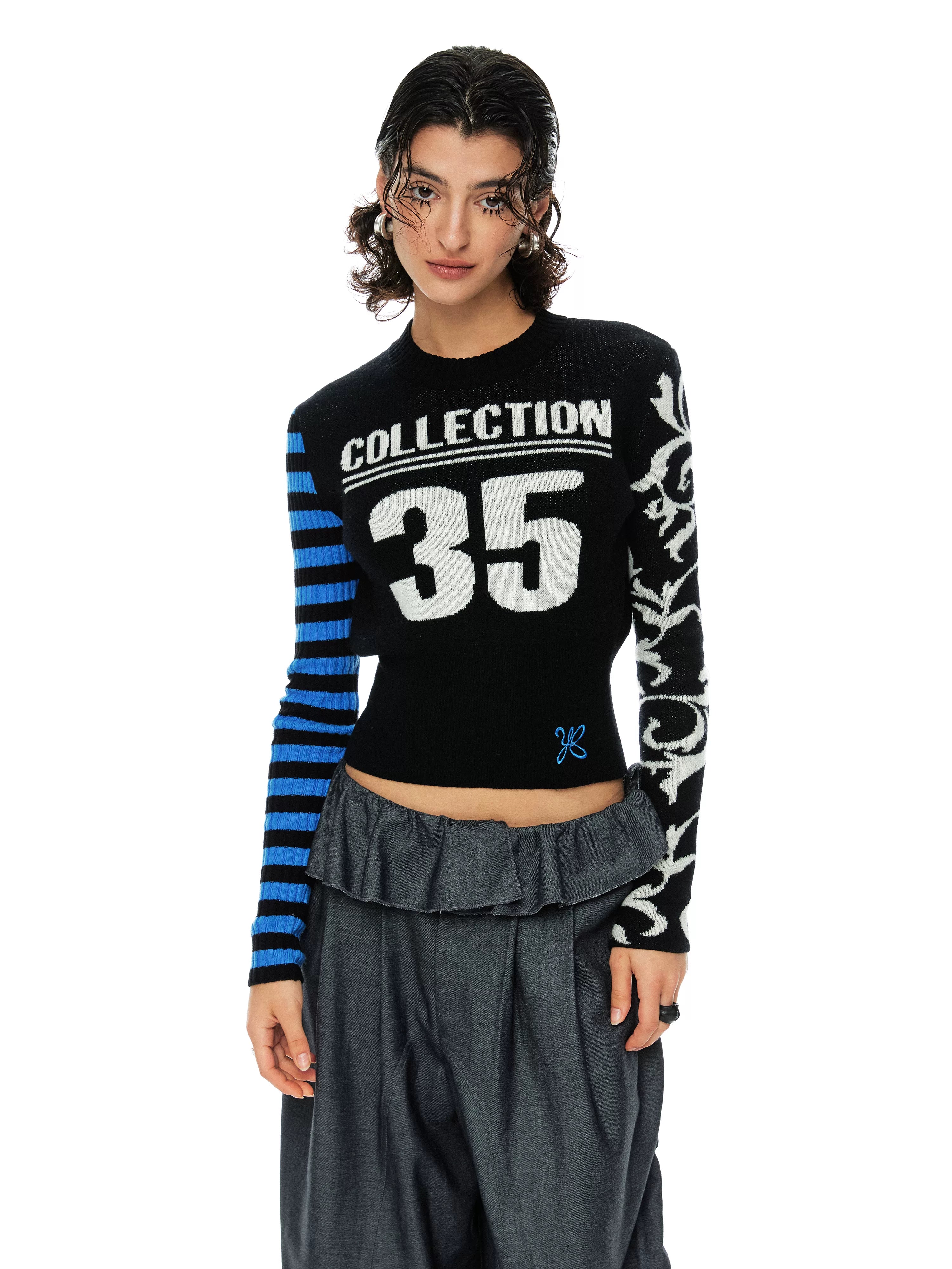 YOSHUYUKI Blue Black Jacquard Number Print Retro Women&