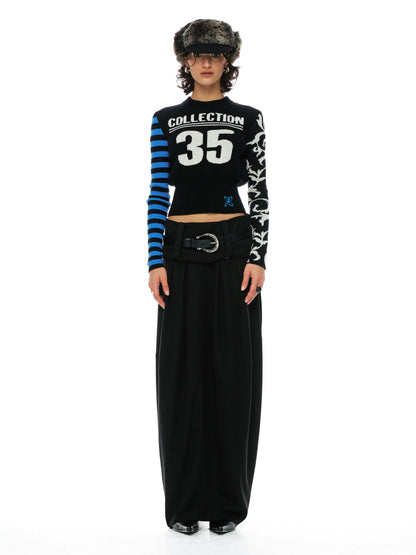 YOSHUYUKI Blue Black Jacquard Number Print Retro Women&