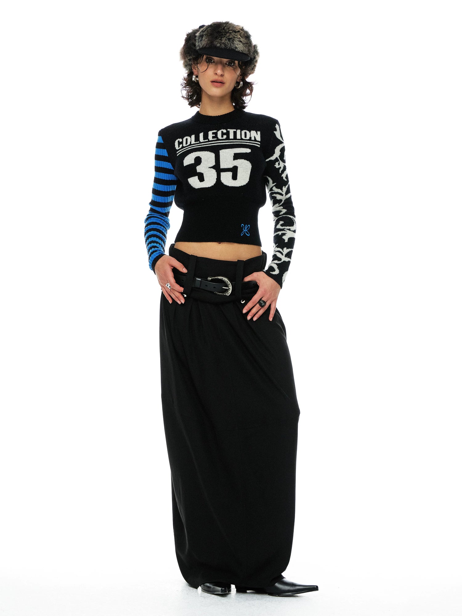 YOSHUYUKI Blue Black Jacquard Number Print Retro Women&