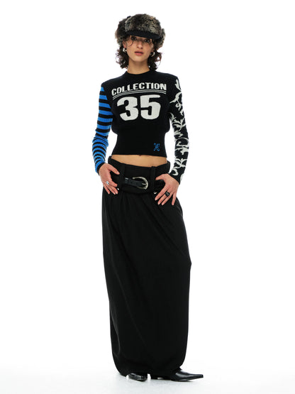 YOSHUYUKI Blue Black Jacquard Number Print Retro Women&