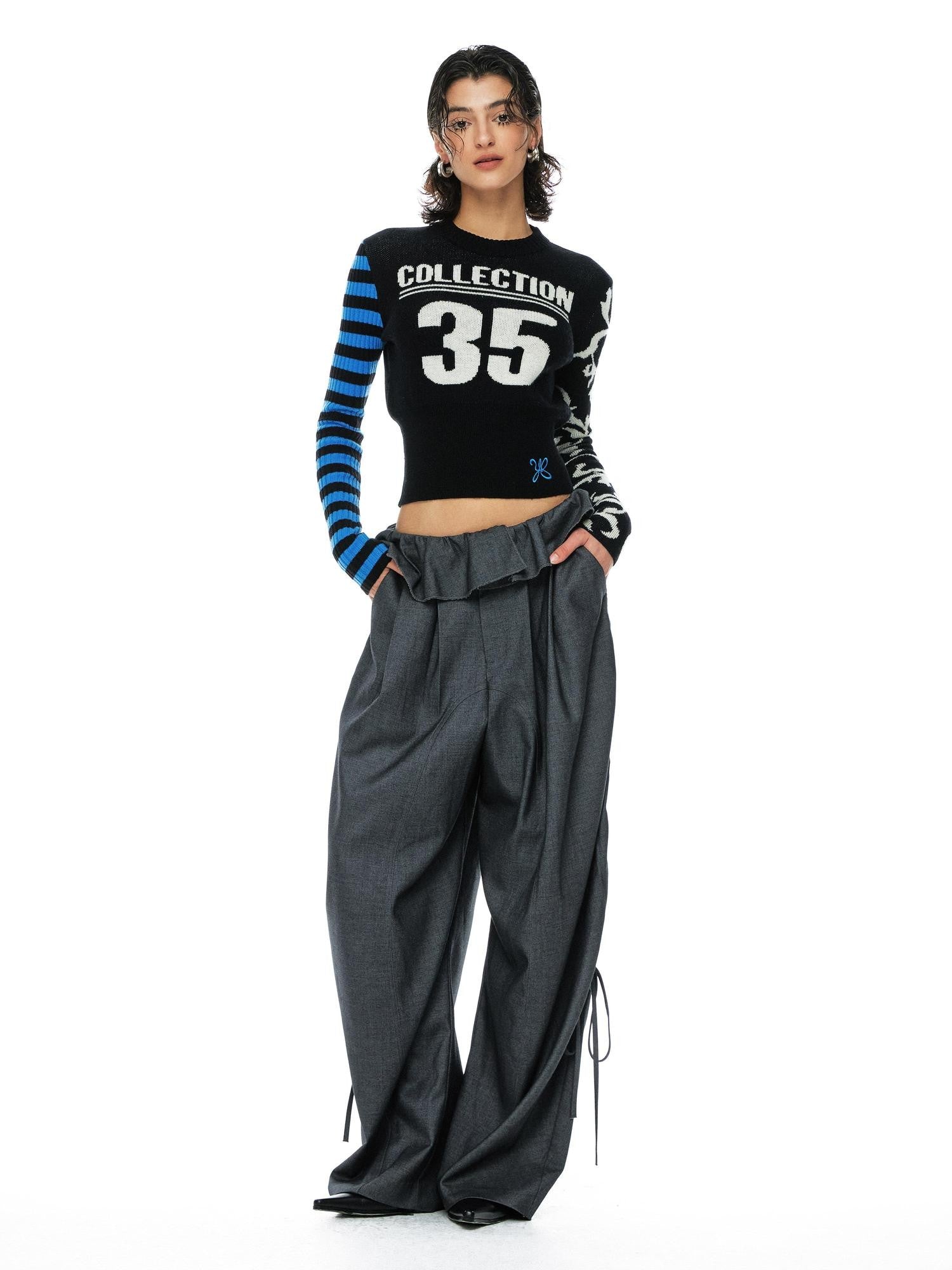 YOSHUYUKI Blue Black Jacquard Number Print Retro Women&