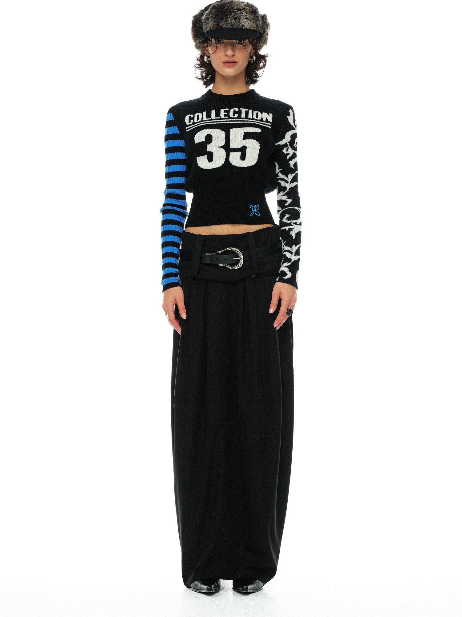 YOSHUYUKI Blue Black Jacquard Number Print Retro Women&