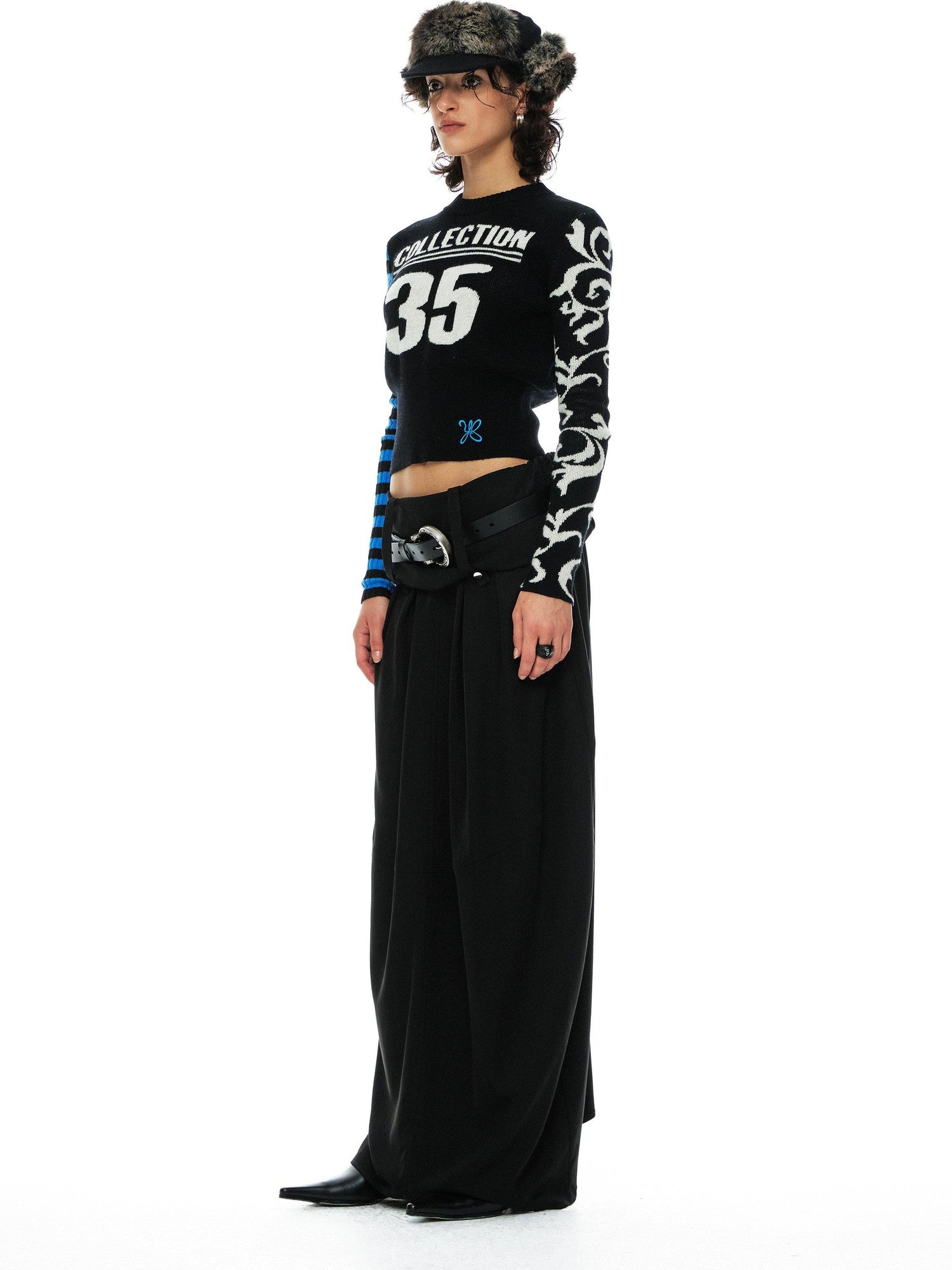 YOSHUYUKI Blue Black Jacquard Number Print Retro Women&