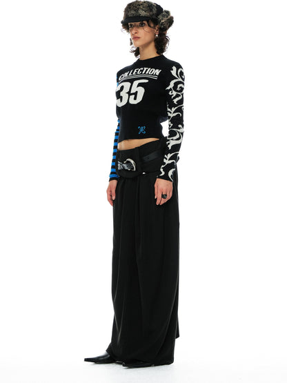YOSHUYUKI Blue Black Jacquard Number Print Retro Women&