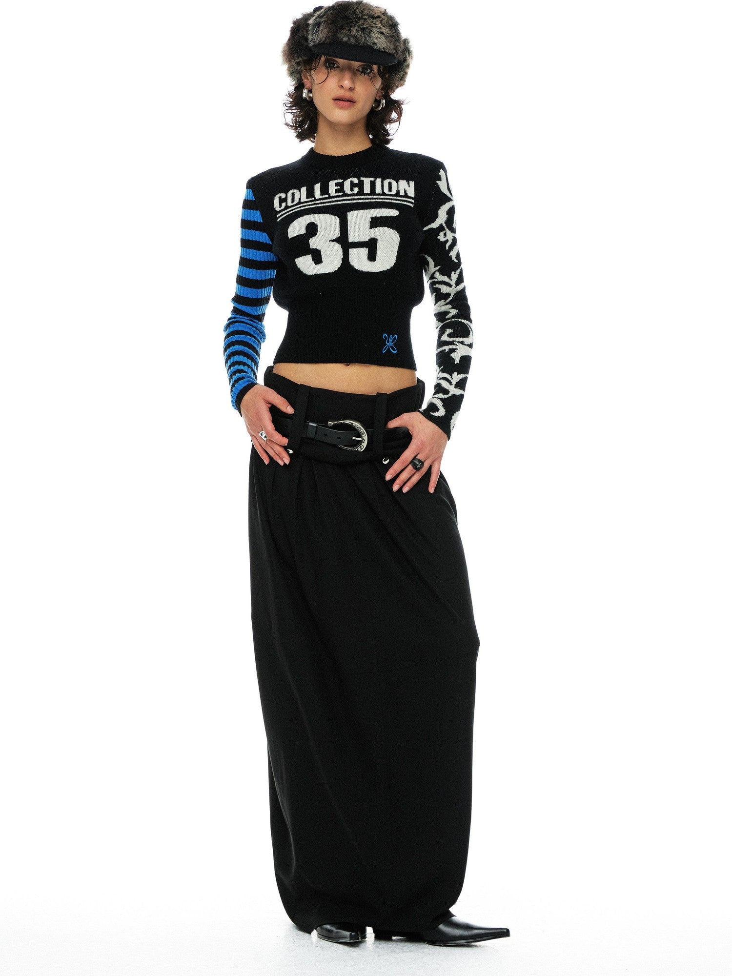 YOSHUYUKI Blue Black Jacquard Number Print Retro Women&