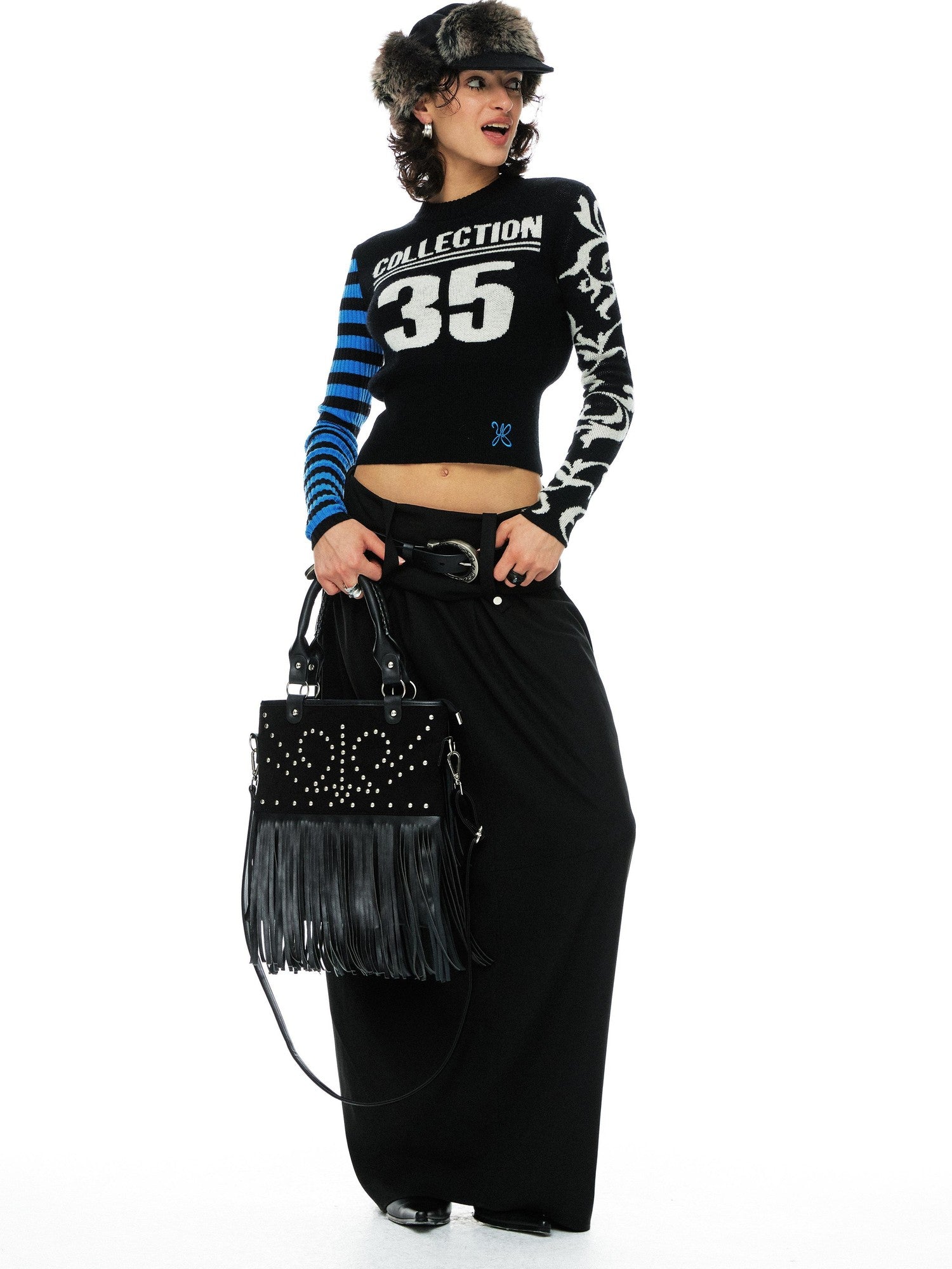 YOSHUYUKI Blue Black Jacquard Number Print Retro Women&