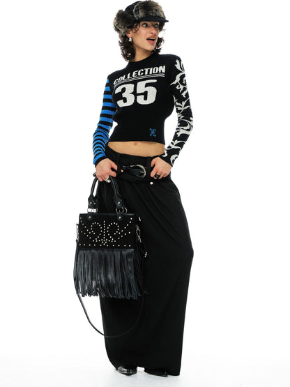 YOSHUYUKI Blue Black Jacquard Number Print Retro Women&