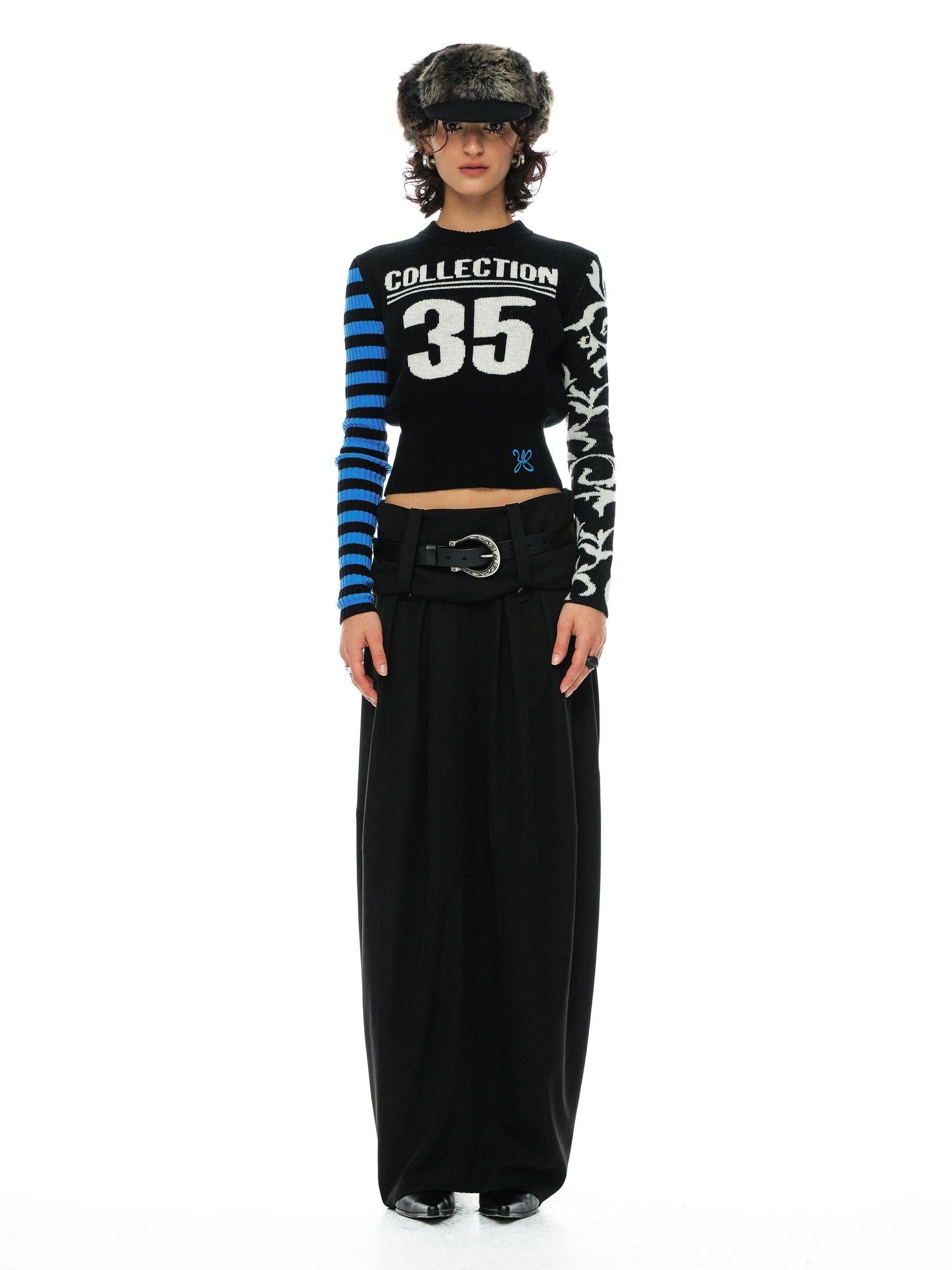 YOSHUYUKI Blue Black Jacquard Number Print Retro Women&