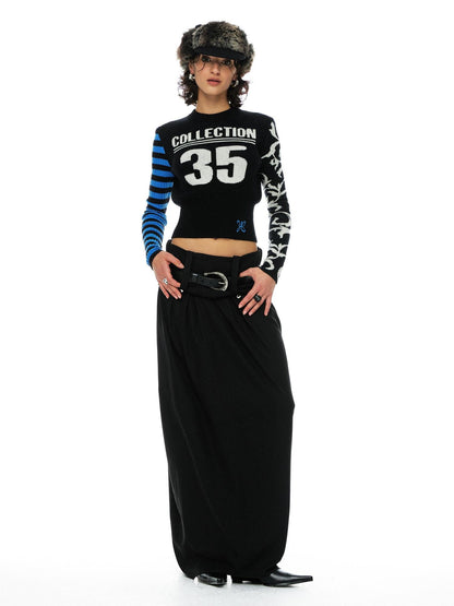 YOSHUYUKI Blue Black Jacquard Number Print Retro Women&