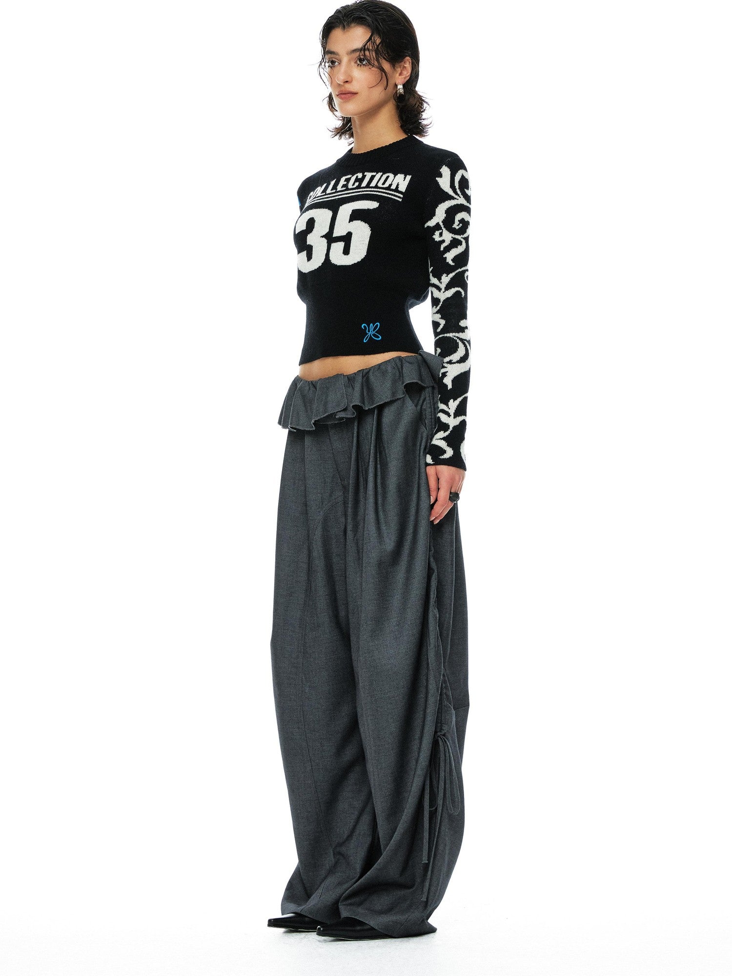 YOSHUYUKI Blue Black Jacquard Number Print Retro Women&