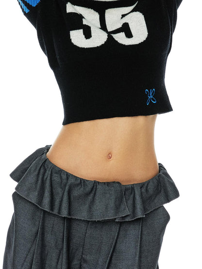 YOSHUYUKI Blue Black Jacquard Number Print Retro Women&