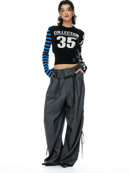YOSHUYUKI Blue Black Jacquard Number Print Retro Women&