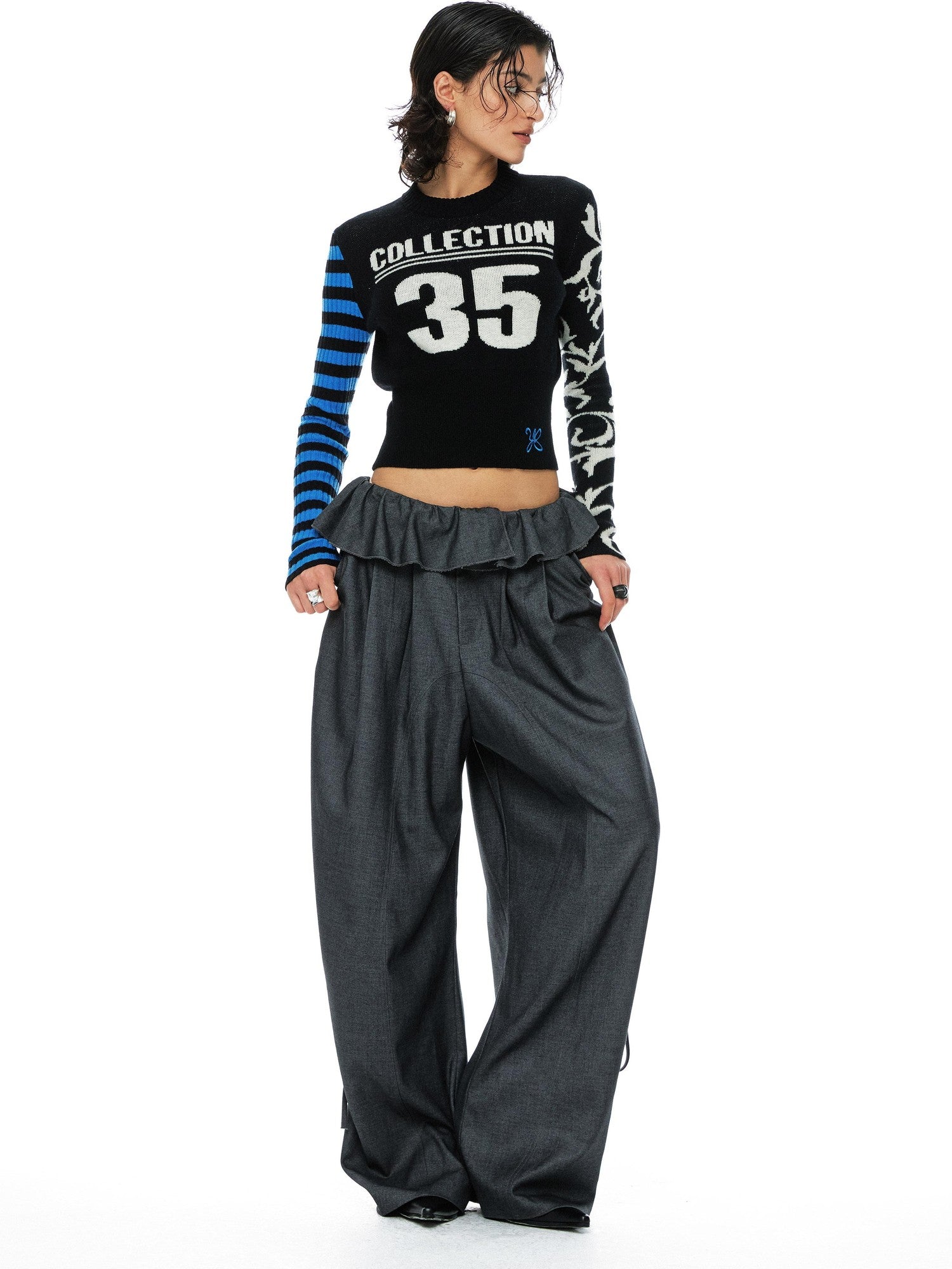 YOSHUYUKI Blue Black Jacquard Number Print Retro Women&