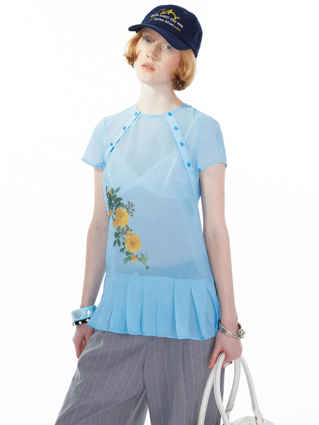 YOSHUYUKI Blue Floral Chiffon Blouse With Pleated Hem