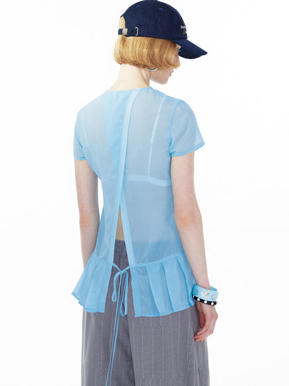 YOSHUYUKI Blue Floral Chiffon Blouse With Pleated Hem