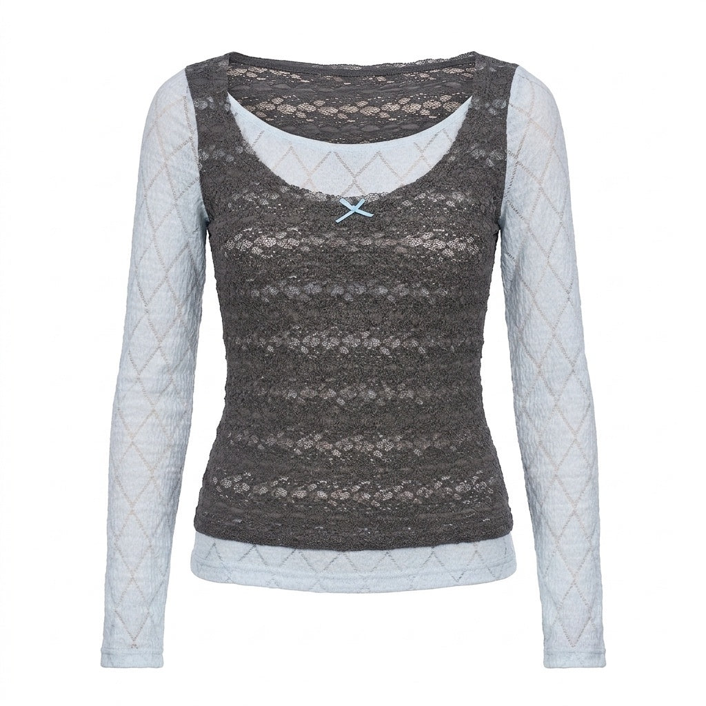 YOSHUYUKI_Blue_Gray_Diamond_Lace_Faux_Layered_Stretch_Knit_Women&