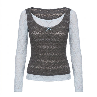 YOSHUYUKI_Blue_Gray_Diamond_Lace_Faux_Layered_Stretch_Knit_Women&