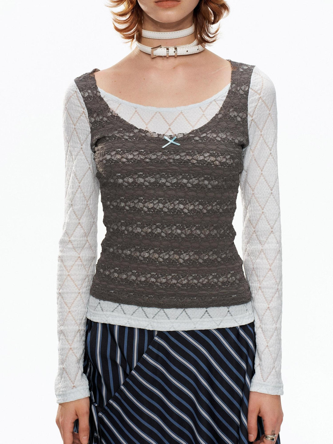 YOSHUYUKI Blue Gray Diamond Lace Faux Layered Stretch Knit Women&