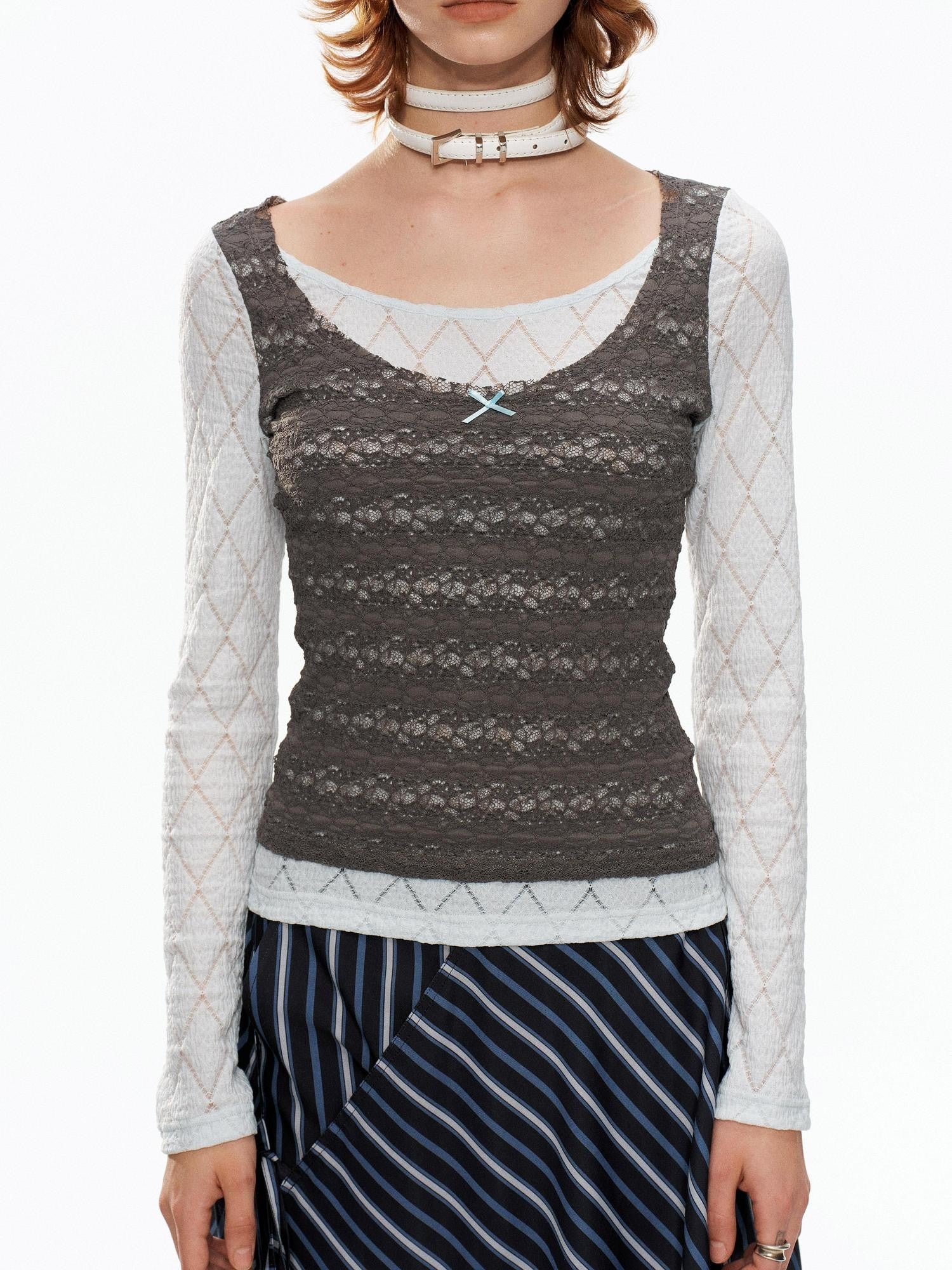 YOSHUYUKI Blue Gray Diamond Lace Faux Layered Stretch Knit Women&