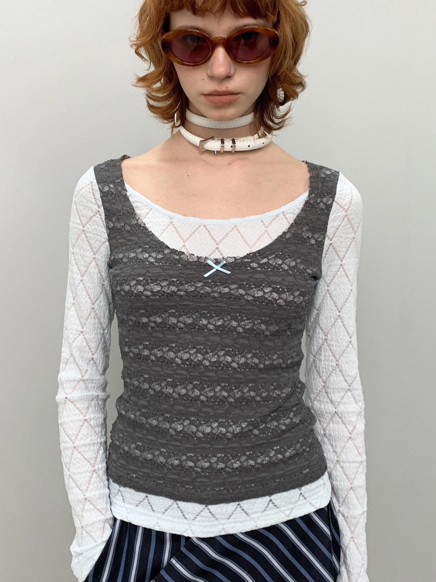 YOSHUYUKI Blue Gray Diamond Lace Faux Layered Stretch Knit Women&