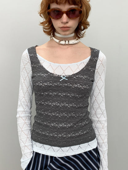 YOSHUYUKI Blue Gray Diamond Lace Faux Layered Stretch Knit Women&