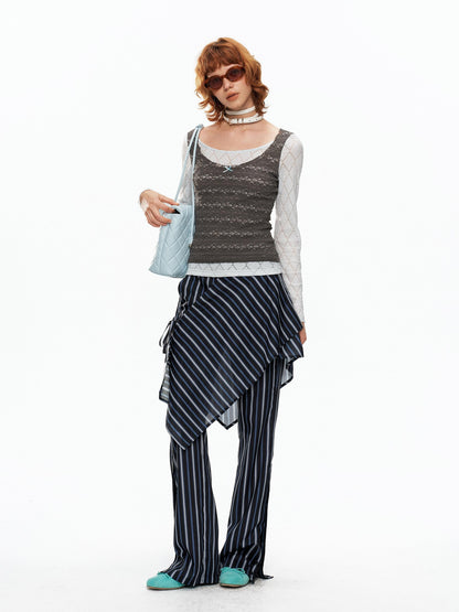 YOSHUYUKI Blue Gray Diamond Lace Faux Layered Stretch Knit Women&