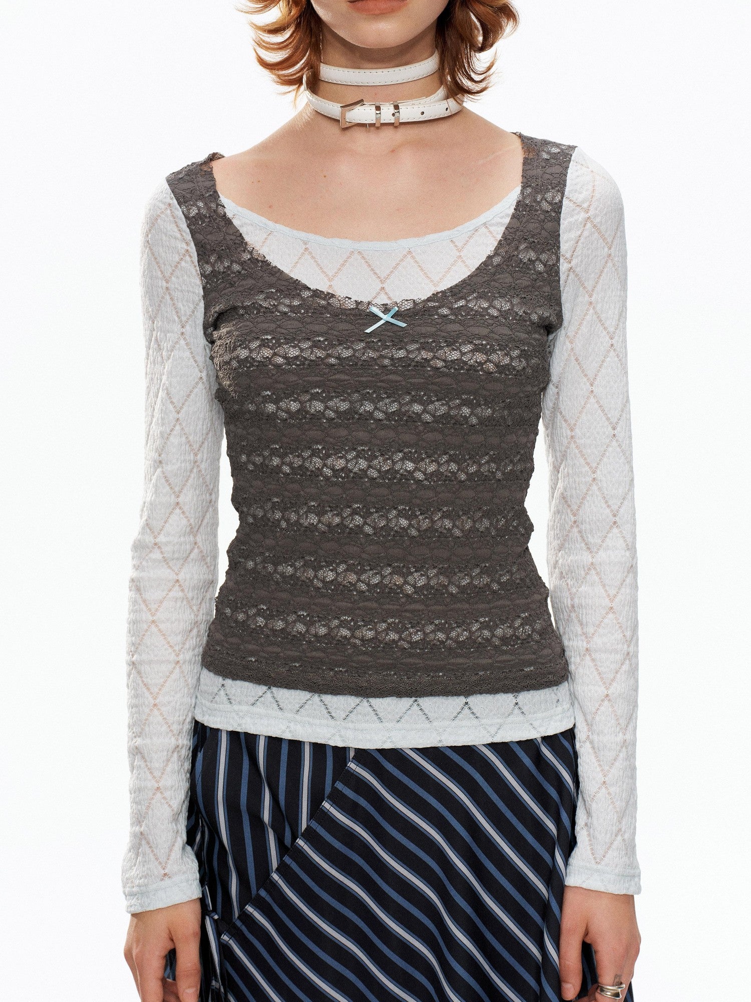 YOSHUYUKI Blue Gray Diamond Lace Faux Layered Stretch Knit Women&
