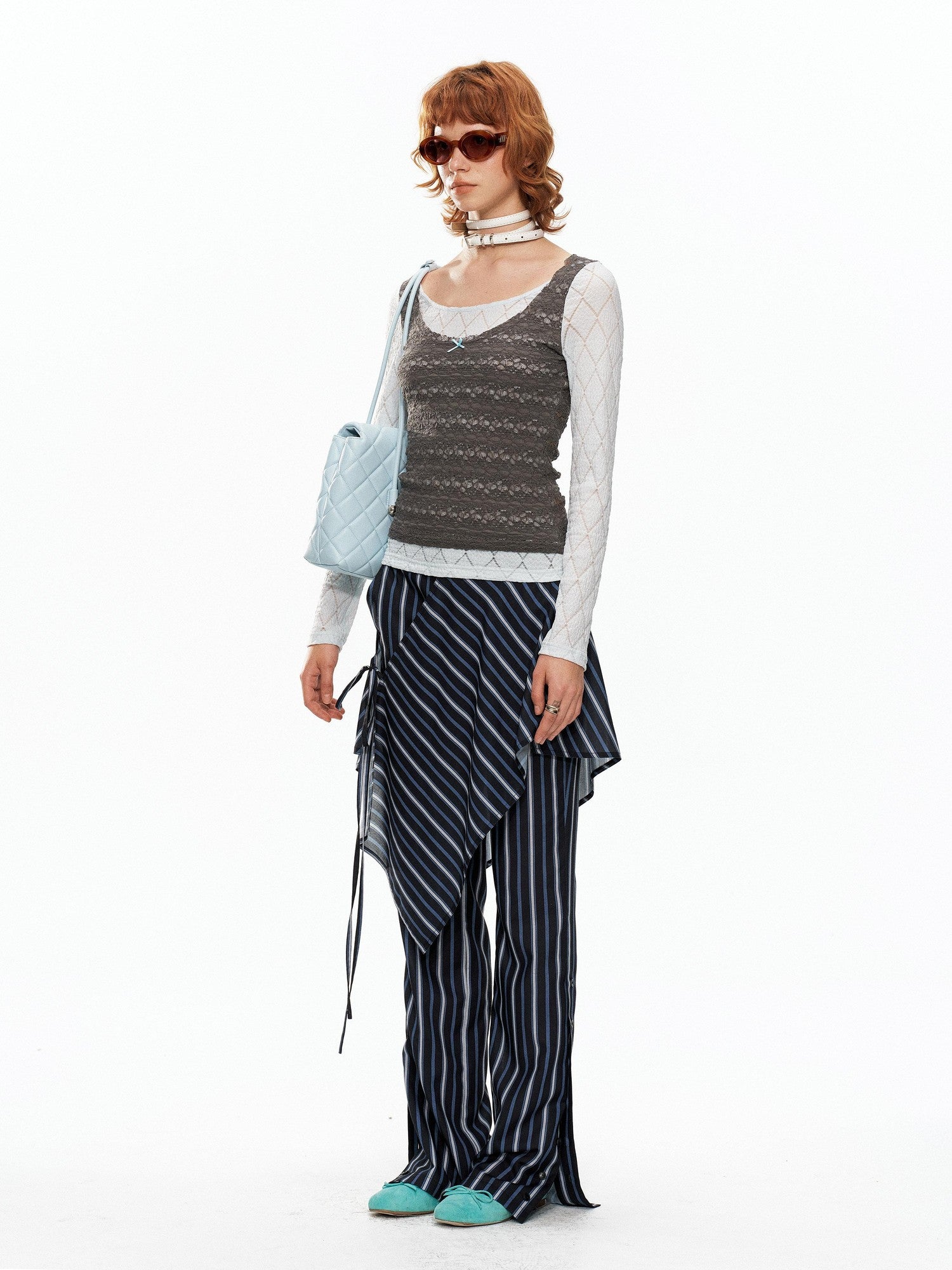 YOSHUYUKI Blue Gray Diamond Lace Faux Layered Stretch Knit Women&