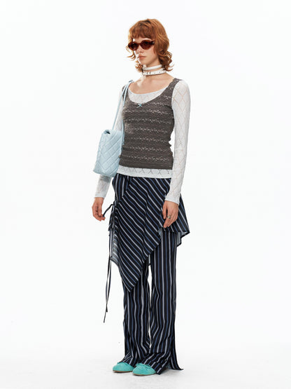 YOSHUYUKI Blue Gray Diamond Lace Faux Layered Stretch Knit Women&