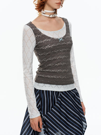 YOSHUYUKI Blue Gray Diamond Lace Faux Layered Stretch Knit Women&