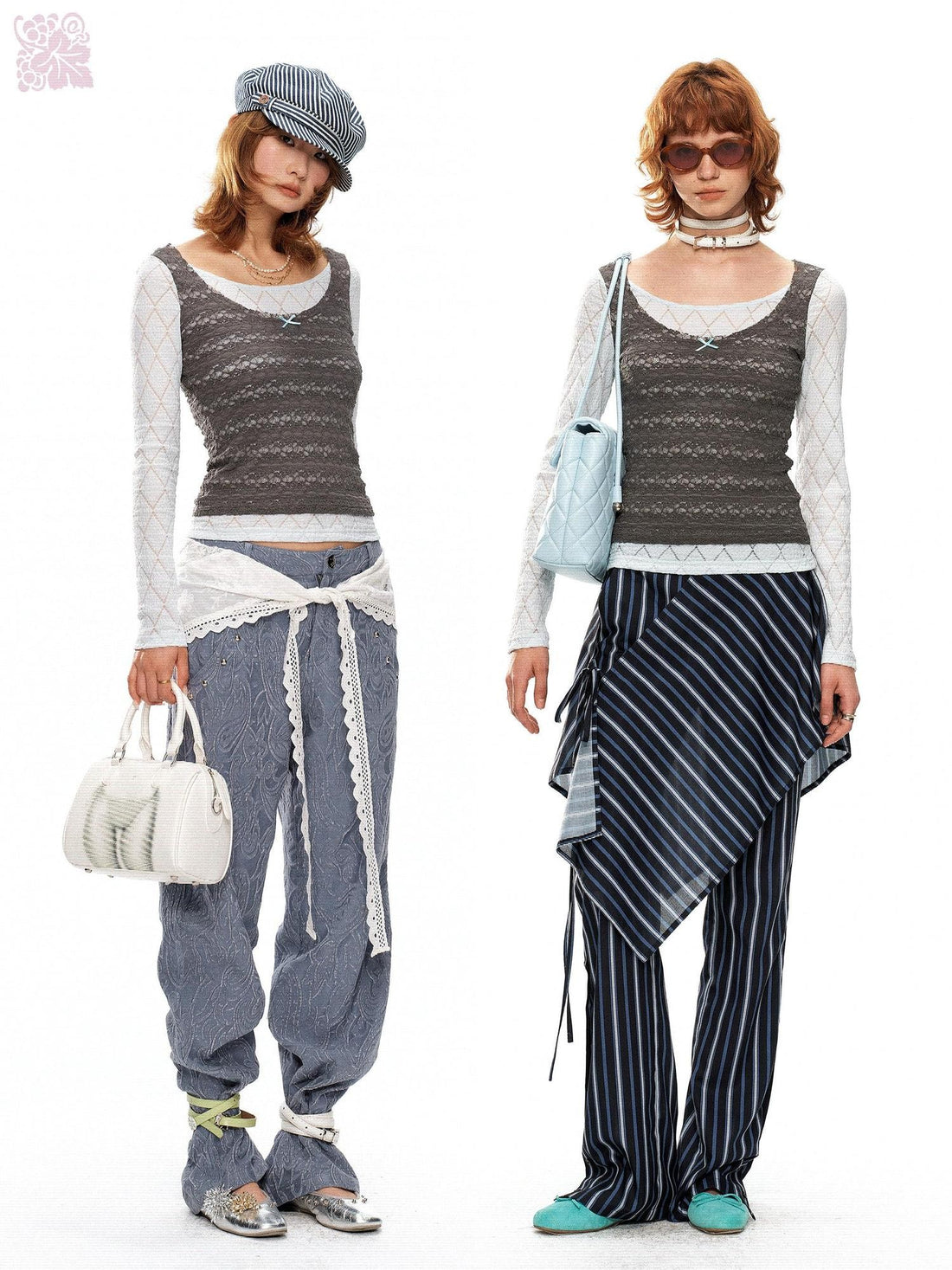YOSHUYUKI Blue Gray Diamond Lace Faux Layered Stretch Knit Women&