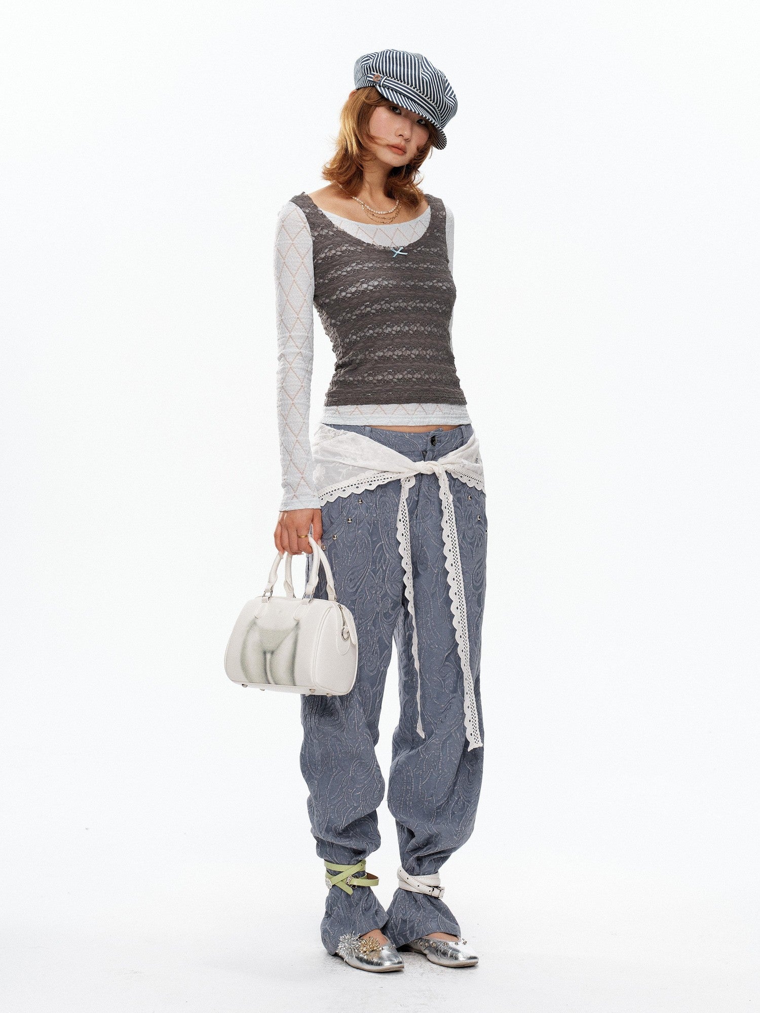 YOSHUYUKI Blue Gray Diamond Lace Faux Layered Stretch Knit Women&
