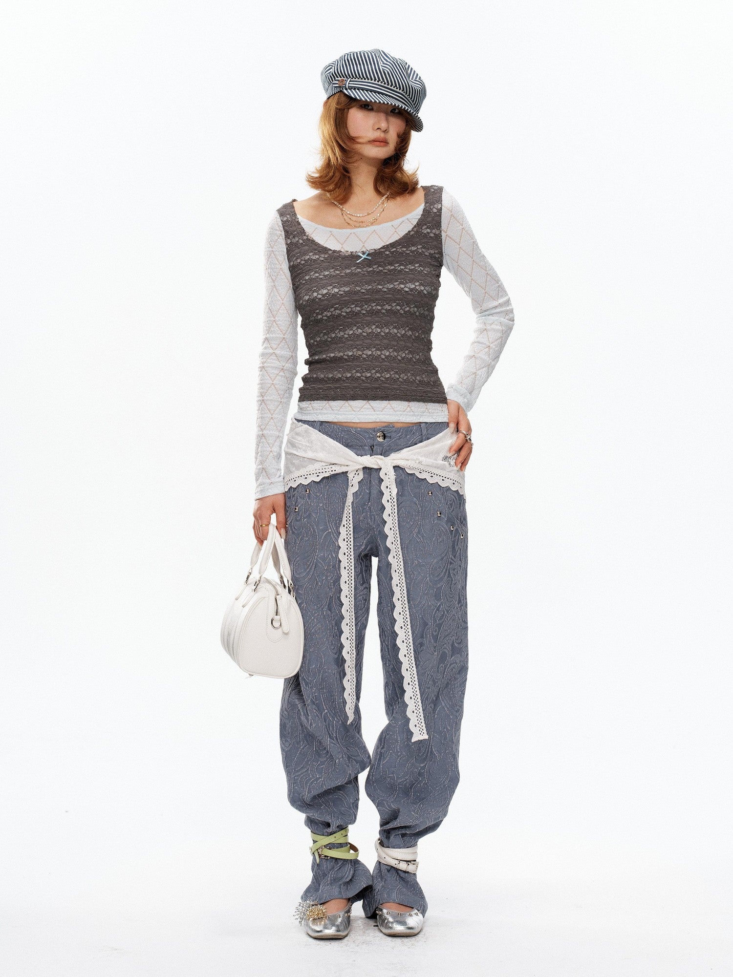 YOSHUYUKI Blue Gray Diamond Lace Faux Layered Stretch Knit Women&