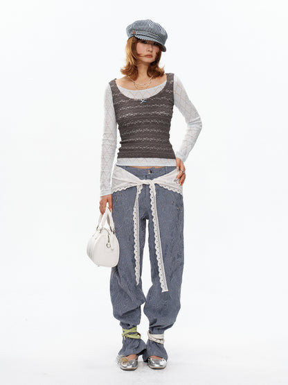 YOSHUYUKI Blue Gray Diamond Lace Faux Layered Stretch Knit Women&