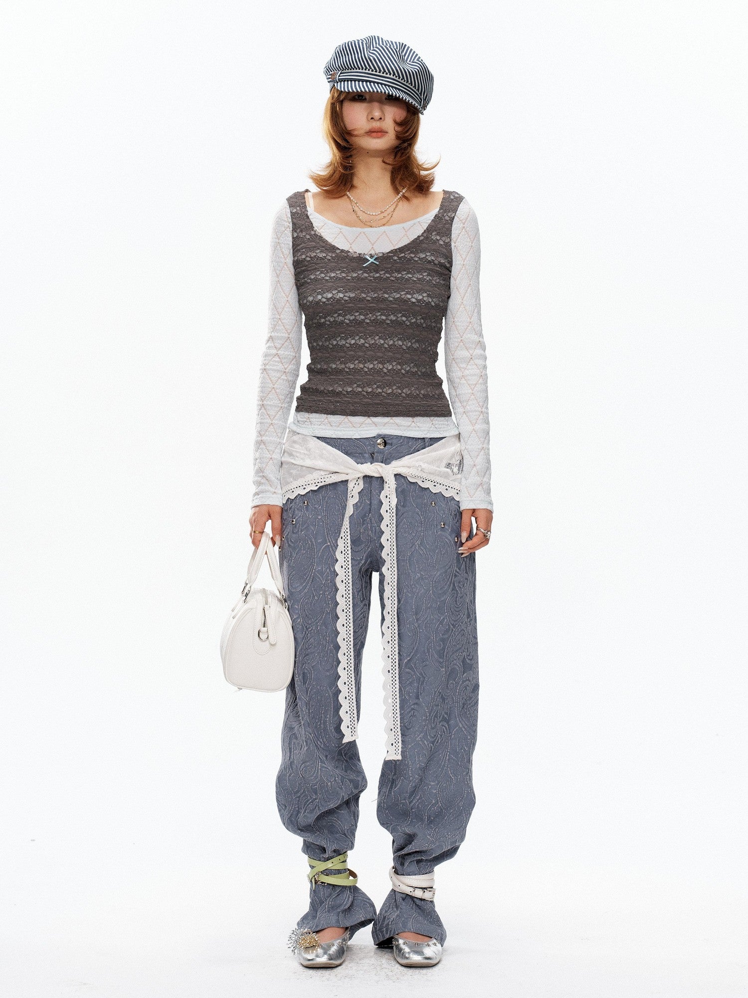 YOSHUYUKI Blue Gray Diamond Lace Faux Layered Stretch Knit Women&