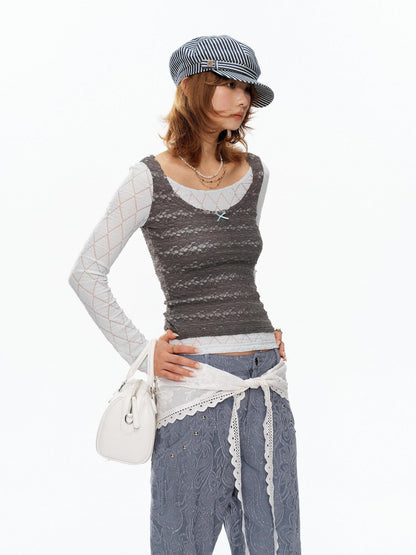 YOSHUYUKI Blue Gray Diamond Lace Faux Layered Stretch Knit Women&