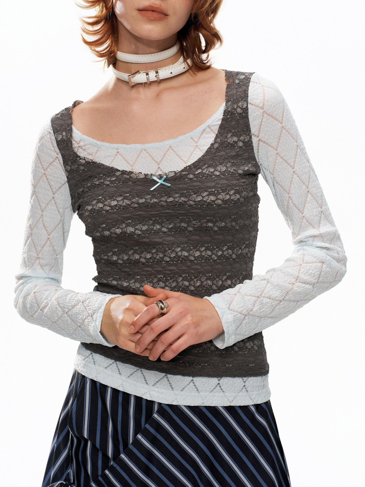 YOSHUYUKI Blue Gray Diamond Lace Faux Layered Stretch Knit Women&