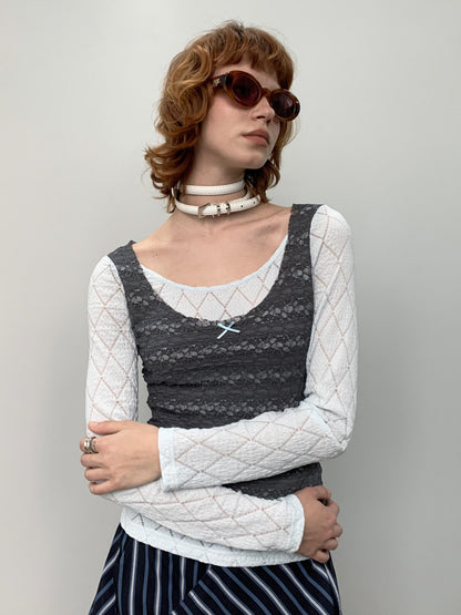 YOSHUYUKI Blue Gray Diamond Lace Faux Layered Stretch Knit Women&