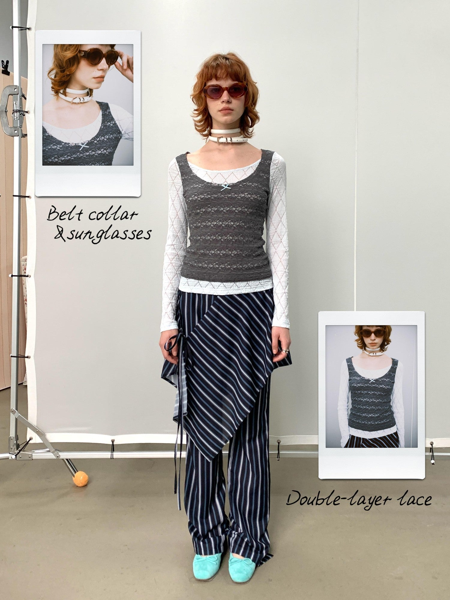 YOSHUYUKI Blue Gray Diamond Lace Faux Layered Stretch Knit Women&