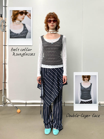 YOSHUYUKI Blue Gray Diamond Lace Faux Layered Stretch Knit Women&