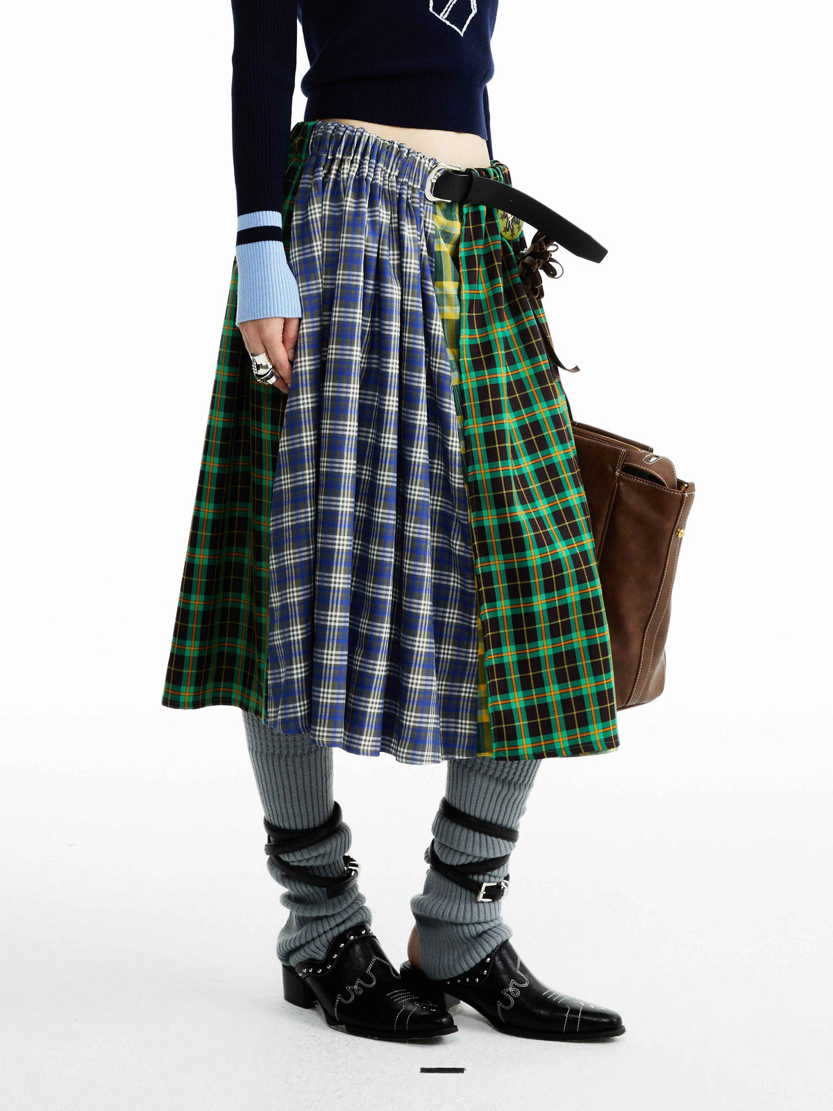 YOSHUYUKI_Blue_Green_Plaid_Ruched_Spliced_Women&