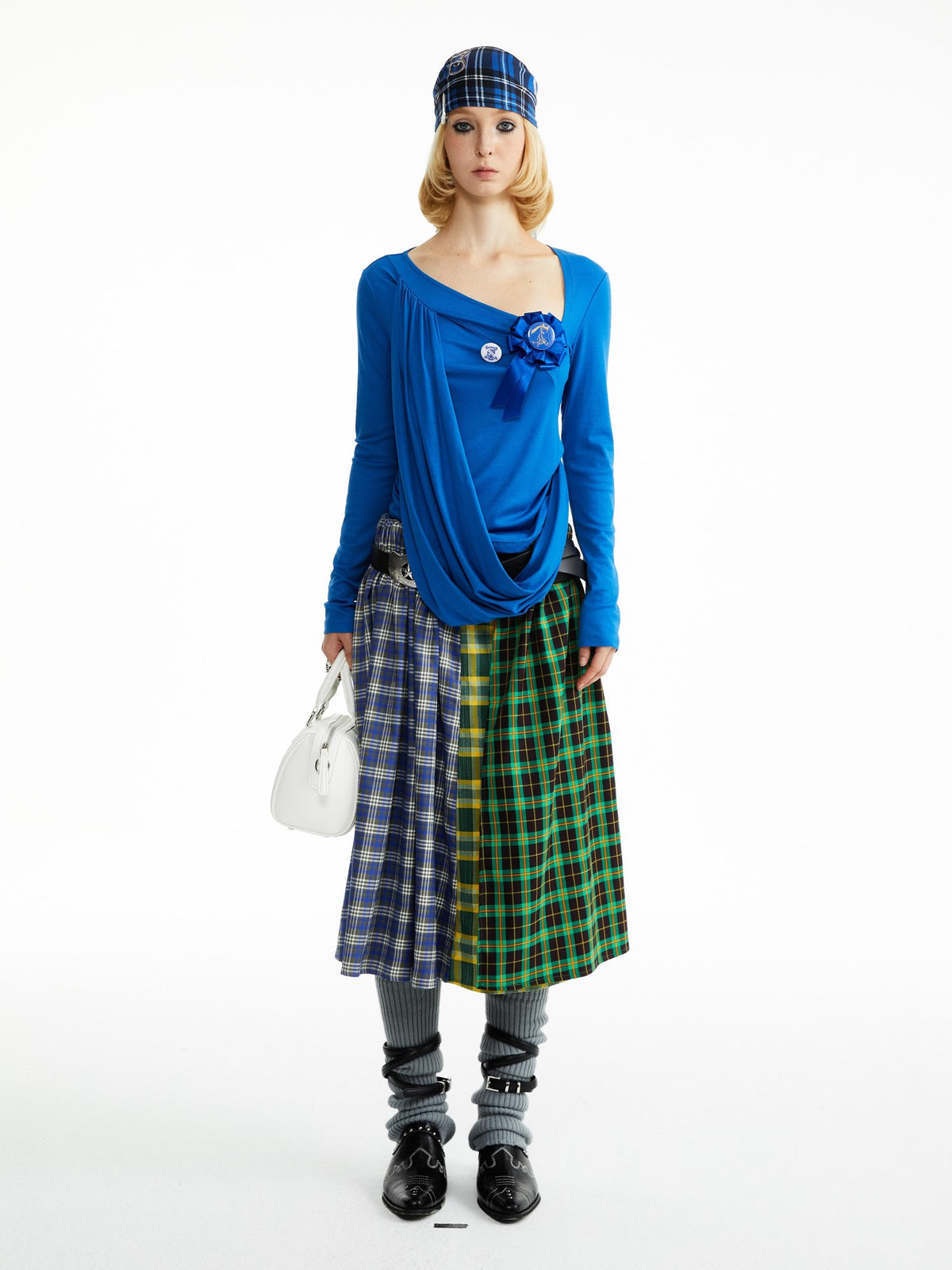 YOSHUYUKI Blue Green Plaid Ruched Spliced Women&