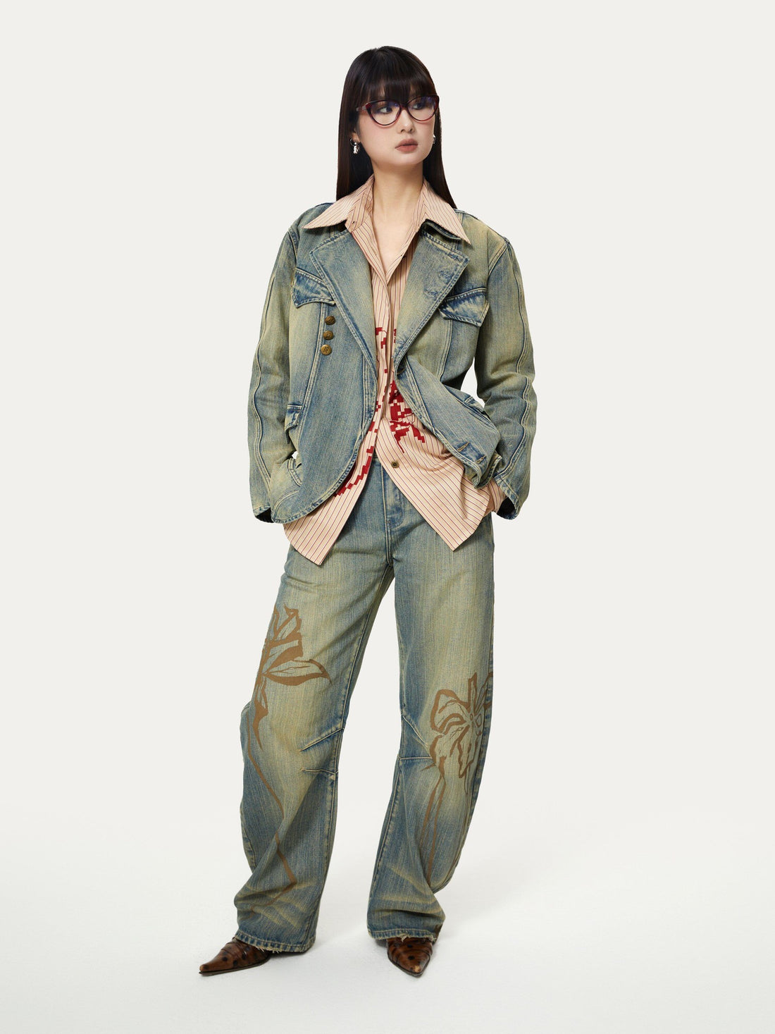 YOSHUYUKI Blue Green Reconstructed Distressed Print Curved Cut Women&