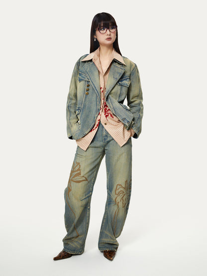 YOSHUYUKI Blue Green Reconstructed Distressed Print Curved Cut Women&