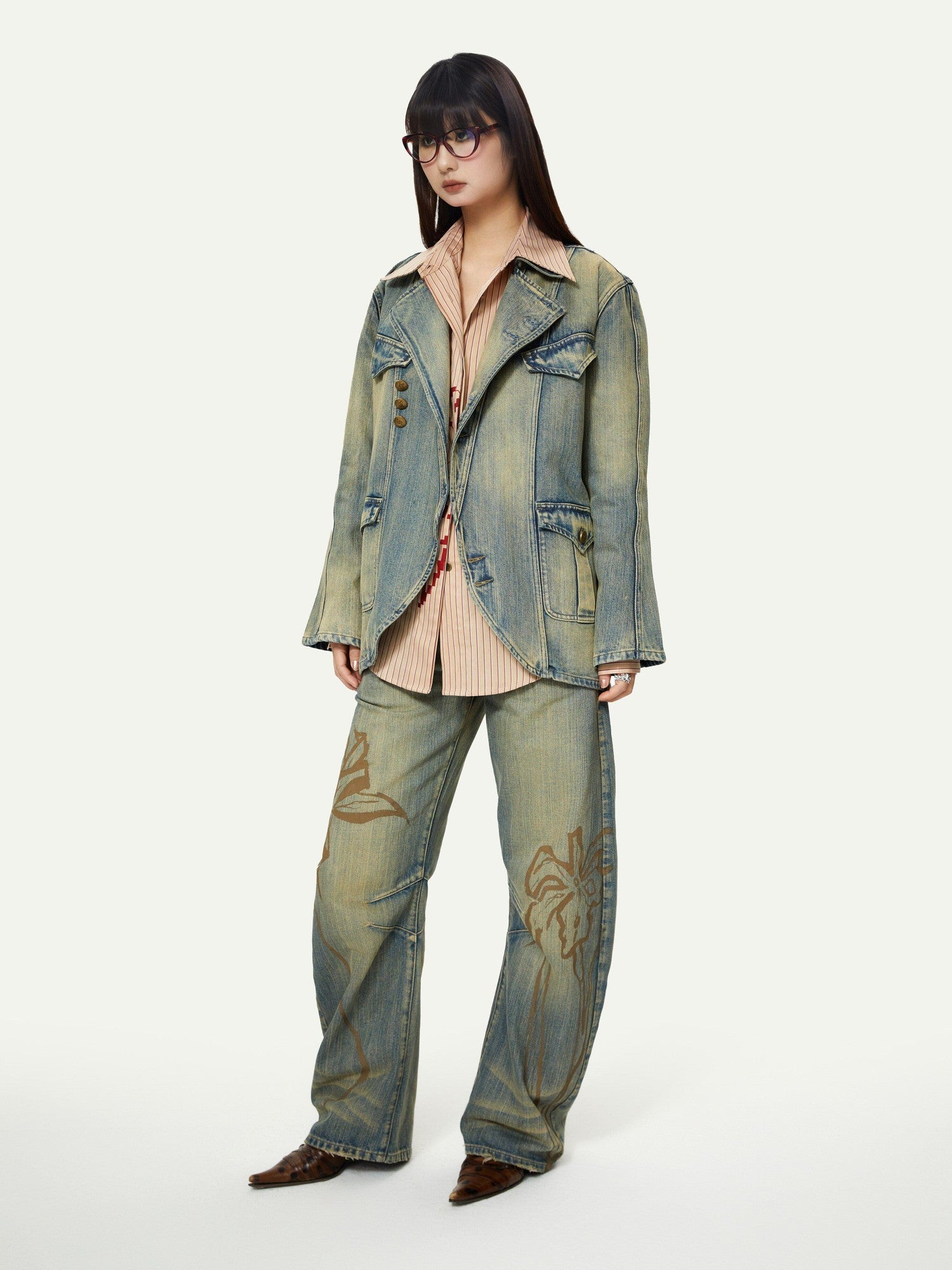 YOSHUYUKI Blue Green Reconstructed Distressed Print Curved Cut Women&